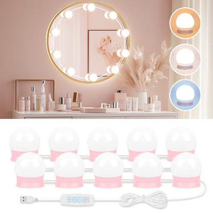 LED Vanity Lights For Mirror, Pink Vanity Light Stick on with 10 Bulbs | 3000K 4000K 6500K & 10 Level Brightness Adjustable USB Cable Hollywood Mirror Lights for Makeup Dressing Room Bathroom - size: 10 Lights (Pink)