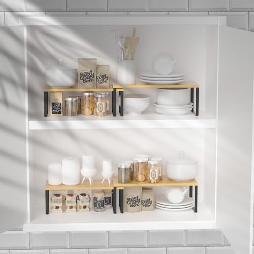 NEX Kitchen Cabinet and Counter Shelf Organizer, Stackable & Expandable, Set of 4, Black and Natural - 7.7 x 15.6 x 6.2'' - color: Black + Natural Beige, size: 15.6''W