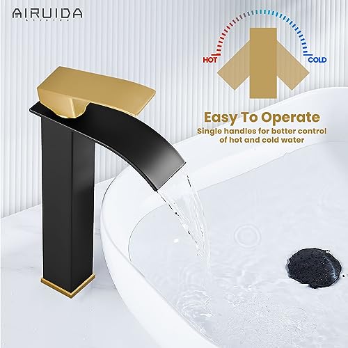 Airuida Vessel Sink Faucet, Black&Gold Tall Waterfall Bathroom Faucet | Single Handle,Tall Bathroom Faucet 1 Hole,Vanity Faucet,without Drain,Bowl Bathroom Faucet - color: Matte Black&Brushed Gold