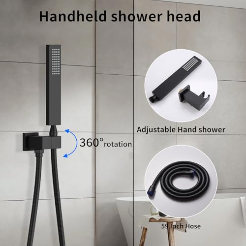 Bathroom Shower System Ceiling 14x20 Inch Shower Head, Spray With Handle, 6 PCS Body Jet And Handheld, Temperature Display Shower Faucet Set (Matte Black) - color: Matte Black