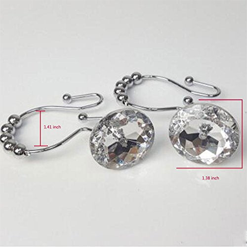 Shower Window Curtain Double Hooks，Stainless Steel Rustproof Crystal Rhinestones Gem Hooks 12-Pack (Rhinestone White)