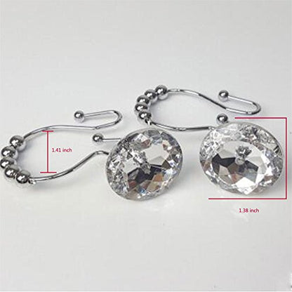 Shower Window Curtain Double Hooks，Stainless Steel Rustproof Crystal Rhinestones Gem Hooks 12-Pack (Rhinestone White)