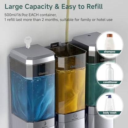 Shampoo and Conditioner Dispenser Wall Mounted No Drill, Shower Soap Dispenser 3 Chamber Shampoo Conditioner Body Wash Refillable 3 * 17oz Shower Soap Dispenser for Bathroom Hotel, Silver+Smoke Gray - color: Silver-smoke Gray-3