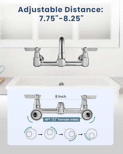 Airuida 8 Inch Chrome Polish Wall Mounted Kitchen Faucet with 10 Inch Spout | Commercial Sink Faucet,Dual Handles,Utility Sink Faucet,360° Swivel Spout - size: 10 Inches Spout