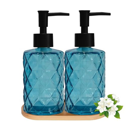 12oz Blue Glass Hand and Dish Soap Dispenser Set, Diamond Design, Set of 2 | Bathroom Soap Dispenser with Plastic Pumps, Bamboo Tray for Hand Wash & Dish Wash, for Bathroom Kitchen Countertop - color: Blue