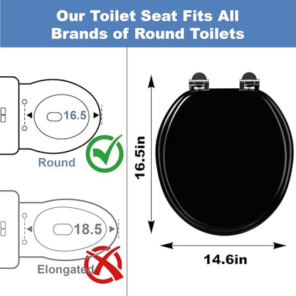 Round Black Slow Close Toilet Seat, Heavy Duty Wood Toilet Seat with Baked Enamel Finish, Support 400 bls, Toilet Lid with Soft Close Zinc Alloy Hinges, Grip-Tight Bumpers, Easy Clean, Quick-Assembly - color: Black, size: Round Slow Close