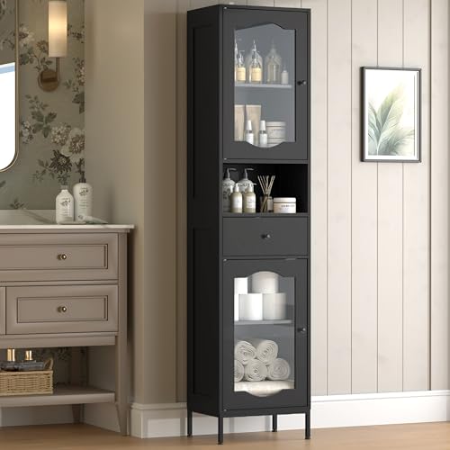 fineway 67"H x 16"W Tall Bathroom Storage Cabinet with Door & Drawer, Black | Clear-View Doors, 6-in-1 Large Capacity Storage, Easy Assembly & 2-Year Warranty, FSC-Certified Wood, Anti-Tip Safety - color: Black