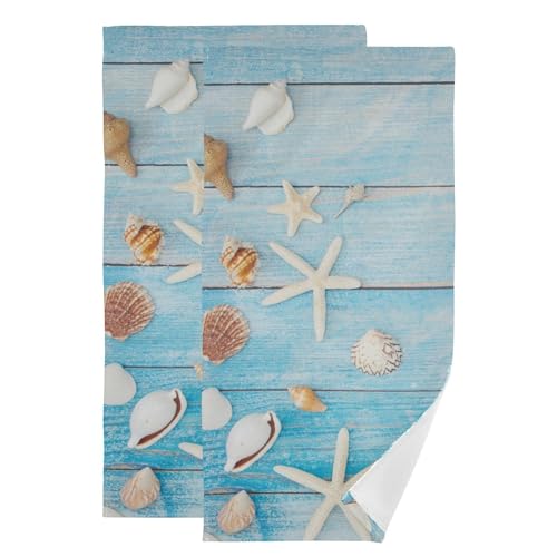 2 Pack Blue Summer Beach Theme Hand Towels for Bathroom,Soft Absorbent Rustic Beige Seashell Starfish Decorative Guest Face Bathroom Towels,Wooden Barn Plank Quick Dry Kitchen Towels 14"x28" - color: Blue