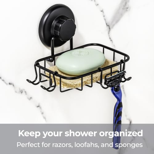 HASKO 2 Pack Suction Cup Soap Dish for Shower Wall, Rustproof Stainless Steel, Shower Soap Holder with Hooks, Includes Optional No Drill Adhesive Mount for Bathroom, 2 Soap Savers, Black - color: Black (2 Pack)