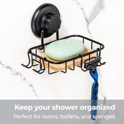 HASKO 2 Pack Suction Cup Soap Dish for Shower Wall, Rustproof Stainless Steel, Shower Soap Holder with Hooks, Includes Optional No Drill Adhesive Mount for Bathroom, 2 Soap Savers, Black - color: Black (2 Pack)