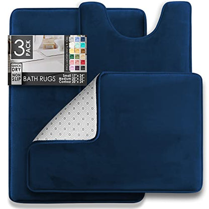 Clara Clark 3 Piece Bathroom Rugs Bath Mat Set, Velvet Memory Foam Bath Mats for Bathroom - Non-Slip, PVC Backing Bath Rugs, Washable - Dries Quickly, Blue - color: Blue