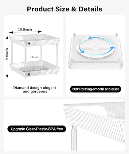 2 Tier Lazy Susan Bathroom Countertop Organizer, 360° Clear Rotating Square Storage Tray, Cosmetics and Perfume Organizer, Spinning Storage Tray Vanity Organizer Shelf for Bathroom Cabinet, Kitchen - size: 2 Tier /10.6 In Square