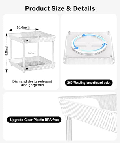 2 Tier Lazy Susan Bathroom Countertop Organizer, 360° Clear Rotating Square Storage Tray, Cosmetics and Perfume Organizer, Spinning Storage Tray Vanity Organizer Shelf for Bathroom Cabinet, Kitchen - size: 2 Tier /10.6 In Square