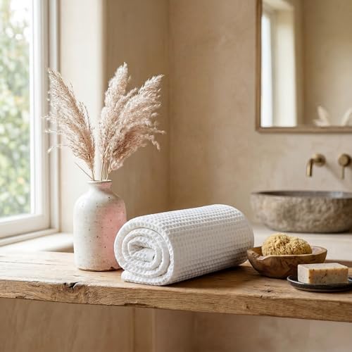 Vie Triomphe Waffle Weave Cotton Bath Towel 70x140cm, Textured Grid Pattern White, Lightweight Absorbent Quick Dry
