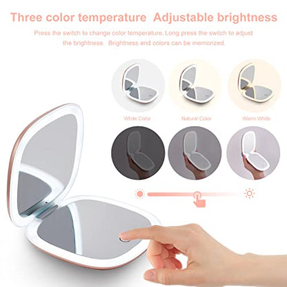 Mocado Compact LED Magnifying Travel Makeup-Mirror - 4 inches 1X/10X Magnification Small Hand Pocket Dimmable Double Sided USB Rechargeable Touch Screen, Portable Tabletop Cosmetic (Rose Gold) | Double Sides Lighted,3 Colors Lighting,0-100% Brightness, Di