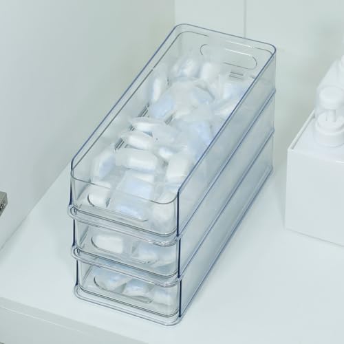 3 Tier Stackable Storage Drawer Organizer, Clear, Small | Plastic, Narrow Pull Out Container, For Under Sink, Corner, Kitchen Cabinet, Coffee bar, Pantry, Laundry, Countertop