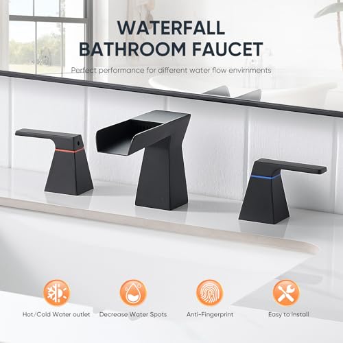 Matte Black Waterfall Bathroom Faucet for 3-Hole Sinks 8 Inch Widespread Vanity Faucet with Sculptural Trapezoid Body, Two Handles, Pop-Up Drain & Hoses - color: A - Matte Black