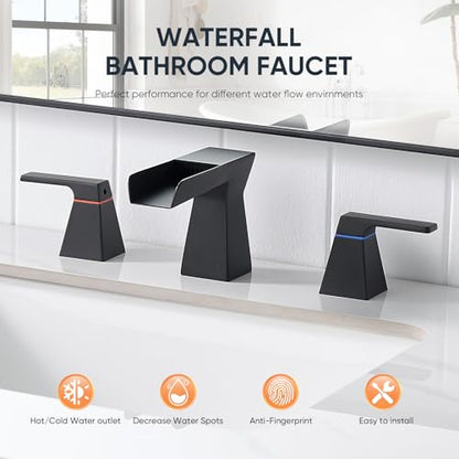 Matte Black Waterfall Bathroom Faucet for 3-Hole Sinks 8 Inch Widespread Vanity Faucet with Sculptural Trapezoid Body, Two Handles, Pop-Up Drain & Hoses - color: A - Matte Black