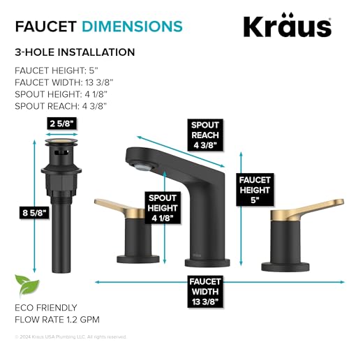 KRAUS Indy Widespread Bathroom Faucet in Spot-Free Brushed Brass/Matte Black with 2 Handles, Pop Up Drain and Supply Lines, FUS-14103SFBBMB - color: Spot Free Brushed Brass/Matte Black, style: Widespread