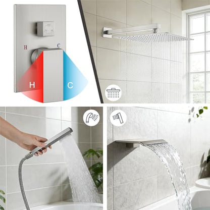 Midanya Shower System with Tub Spout,Bathtub Shower Faucet Set with Square Rainfall Head and Handheld Sprayer Wall Mount Tub Faucet Set with Valve and Trim Kit,16 Inch Brushed Nickel - color: Brushed Nickel, size: 16 Inch
