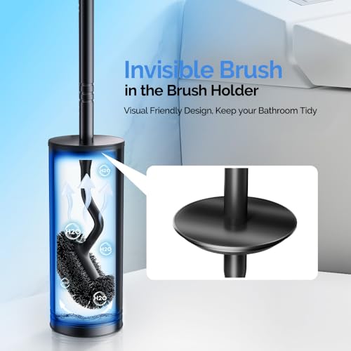 HAMITOR Toilet Brush and Holder Set Wall-Mounted Under Rim Deep Cleaning | Stainless Steel, Heavy Duty Curved Bristle, Space Saving Bowl Cleaner Brush, For Home RV Bathroom Accessories, Black, 1 Pack - color: Black