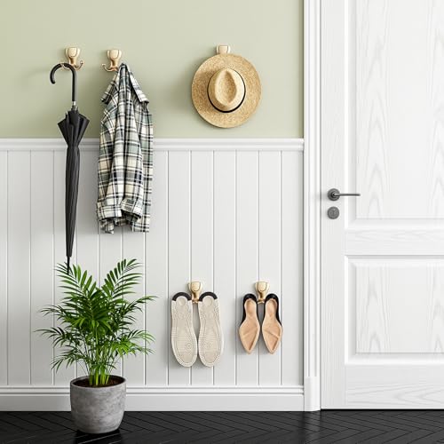 Coat Hooks Wall Mount: Flip Lid Conceals Screws & Double Hooks, Heavy Duty Wall Hooks, Damage-Resistant Clothing Design, Towel Hooks for Bathroom Living Room to Hang Coats Hats Keys (4, Gold) - color: Gold