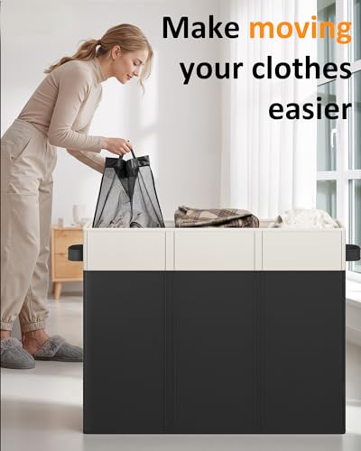Optish 180L Laundry Hamper 3 Section, Large Laundry Hamper with Lid, Dirty Clothes Hampers with 3 Inner Bags, Laundry Basket Organizer for Bedroom, Bathroom, Hamper 3 Compartment, White & Black - color: White & Black
