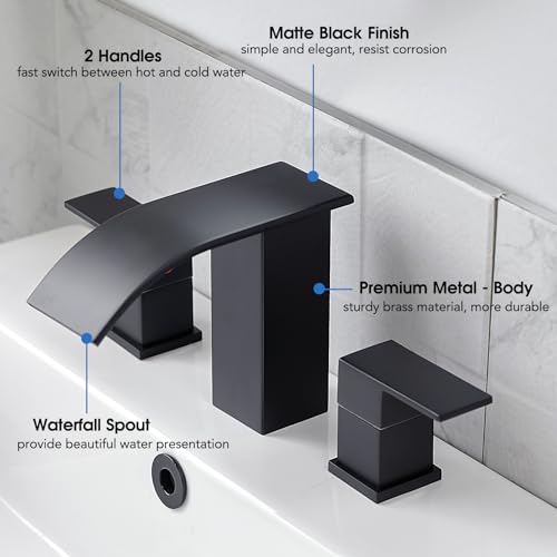 RUMOSE Bathroom Faucets Black Bathroom Sink Faucet 3 Hole with Drain | 8 inch Widespread 2 Handles Lavatory Vanity Faucet Set, Waterfall Spout, Deck Mounted, Pop Up Drain, Stainless Steel - color: Matte Black
