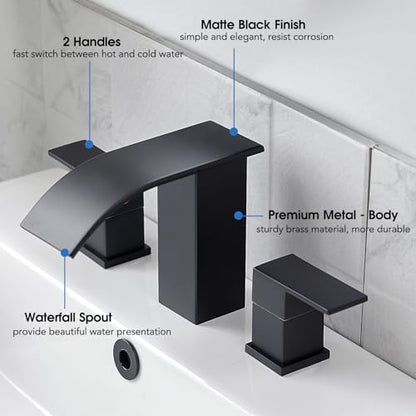 RUMOSE Bathroom Faucets Black Bathroom Sink Faucet 3 Hole with Drain | 8 inch Widespread 2 Handles Lavatory Vanity Faucet Set, Waterfall Spout, Deck Mounted, Pop Up Drain, Stainless Steel - color: Matte Black