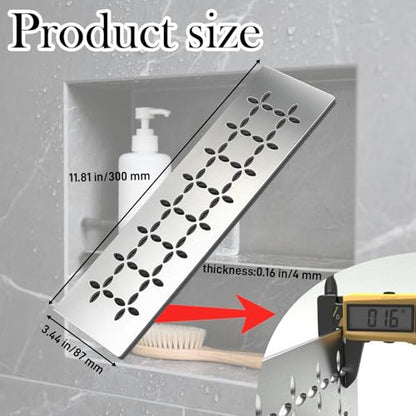 Floral Design Brushed Stainless Steel Shower Shelf for 12" Prefab Niches - Tool-Free Drop-in, Fits Standard 1/8 Inch Grout Lines (Matte Silver) - color: 1 PACK