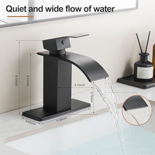 Waterfall Bathroom Faucet, Single Handle Matte Black Sink Faucet 1 Hole or 3 Hole for Lavatory, Washbasin, Vanity, Commercial, with Deck, Pop-up Drain and Supply Hoses - color: Matte Black