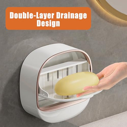 Wall Mounted Double-Layer Soap Dish with Drain Tray, No-Drill Adhesive Soap Holder for Bathroom and Shower, Removable ABS Plastic Soaps Bar Organizer, Keeps Soaps Dry and Clean (A-White) - color: A-white