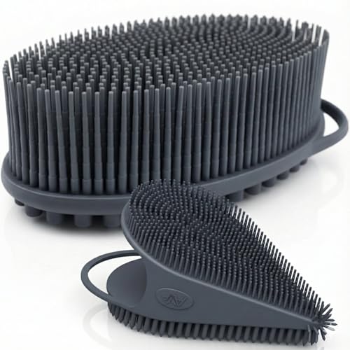 Avilana Premium Body Scrubber and Face Brush Set - Trusted Since 2017 - SGS Certified Silicone 2-in-1 Shower Kit, Dual Sided Gentle Exfoliating Loofah Alternative Sensitive Skin Women Men Gift - color: Dark Gray, size: Body & Face