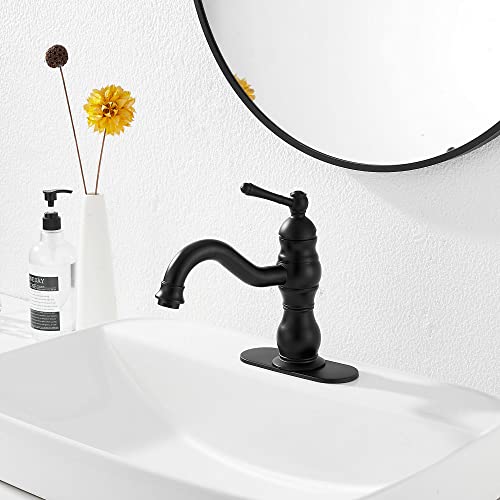 Matte Black Bathroom Faucet GGStudy 360° Swivel Bathroom Vanity Faucet Single Handle One Hole Black Bathroom Sink Faucet Basin Matching Pop Up Drain with Overflow - color: Black, size: Short