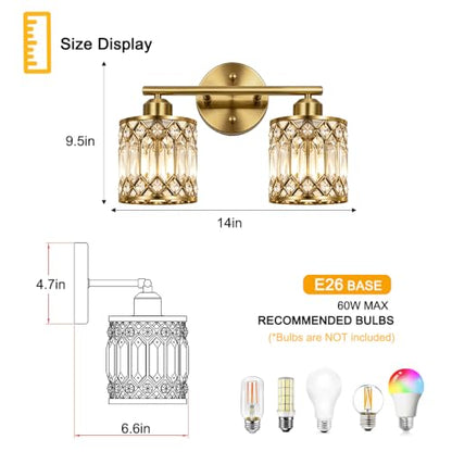Lxybcce 2-Light Bathroom Vanity Light, 14 in Modern Crystal Bathroom Lighting Fixtures Over Mirror, E26 Hardwired Bathroom Wall Sconce, Brushed Antique Brass - color: Gold, size: 14in
