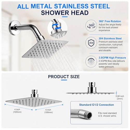 4 Inch Square Shower Head, Fixed Chrome Shower Head Stainless Steel, Rain Shower Head Screw On Easy Install, Wall Mounted Metal Chrome Finish - size: 4 Inch Square