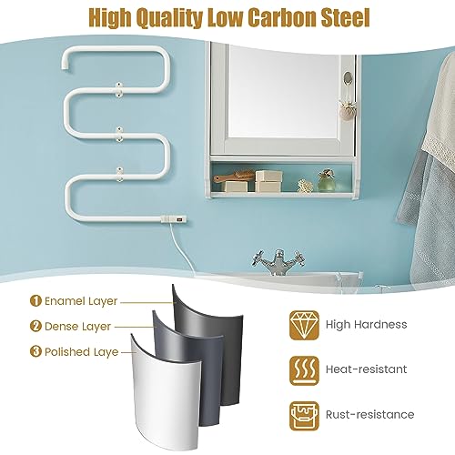 COSTWAY Heated Towel Warmer, Freestanding & Wall-Mounted 5-Bar Drying Rack with Built-in Switch, Overheat Protection & Constant Temperature Control, for Bathroom, Spa, White