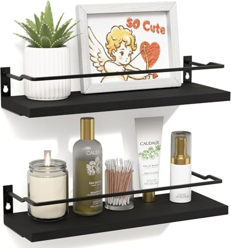 RICHER HOUSE Floating Shelves Bathroom, Small Wall Shelf Over Toilet 2 Set | Wall Mounted Shelves Decor for Bathroom, Kitchen, with Metal Guard-Rail, Paper Storage Shelf, Rustic, Wood, Black - color: Black