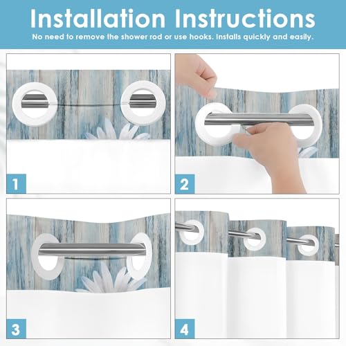 No Hook Shower Curtain with Snap in Liner 71x86 Inch Daisy Floral | Wooden Rustic Blue Modern Double Layers Waterproof Fabric with See Through Top Window Open Grommet Bath Curtain - color: Blue Daisy 2, size: 71"W x 86"L (Pack of 1)
