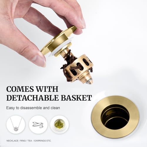 Pop up Sink Drain Stopper with Overflow Brushed Gold for Bathroom Vessel Vanity Sink Art Basin, Big Cap Sink Drain with Overflow, Metal Pop-up Drain Strainer with Detachable Basket Stopper - color: Gold Brushed, style: with overflow