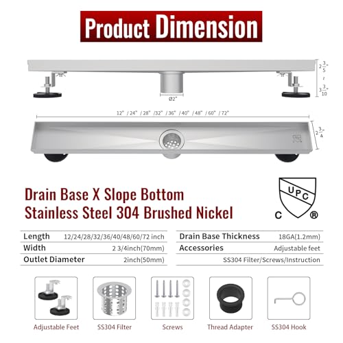Linear Shower Drain, 28 inch Brushed Nickel | Including Hair Catcher and Removable Grate, 304 Stainless Steel, Easy to Install and Clean (Drain Base Not Included) - color: Brushed Nickel, size: 28 inch