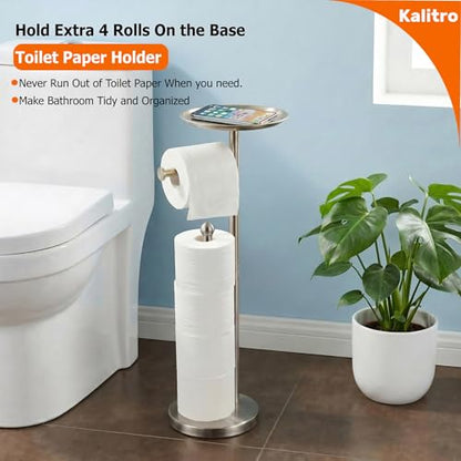 Kalitro Toilet Paper Holder Freestanding with Big Shelf, 4 Rolls Reserve Paper Holder Stand, Modern Paper Roll Holder with Storage Space for Phones (Brushed Nickel) - color: Brushed Nickel