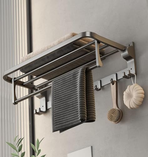 Mustorn Bathroom Towel Rack with Towel Bar and Hooks 23.6 in Foldable Towel Shelf Wall Mounted Lavatory Towel Organizer Modern Gray Finish - color: Matte Gray