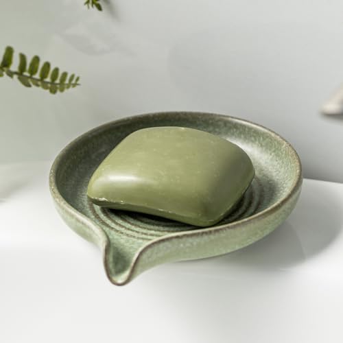Zoeeker Soap Dish, Ceramic Soap Holder with Waterfall Design for Shower | Self Draining Bar Soap Dish Round Soap Saver for Shower, Bathroom, Sink, Kitchen and Countertop, Brush Holder, Green - color: Green, size: Round
