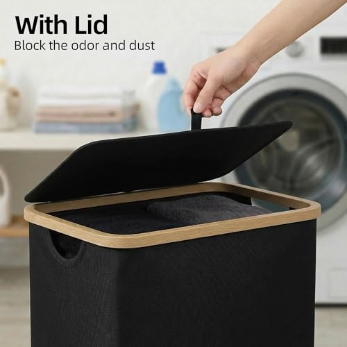 efluky Slim Laundry Basket with Lid, Narrow Laundry Hamper with Removable Bag, Skinny Dirty Clothes Basket with Bamboo Handles for Bathroom, Bedroom & Laundry Room, 75L Black - color: Black, size: 75L