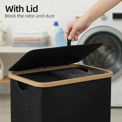 efluky Slim Laundry Basket with Lid, Narrow Laundry Hamper with Removable Bag, Skinny Dirty Clothes Basket with Bamboo Handles for Bathroom, Bedroom & Laundry Room, 75L Black - color: Black, size: 75L