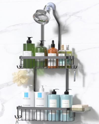 Never Rust Shower Caddy Hanging, Aluminum Shower Racks for Inside Shower, 2-Tier Shower Organizer Hanging Over Shower Head with Hooks and Soap Holder, Grey - color: Grey