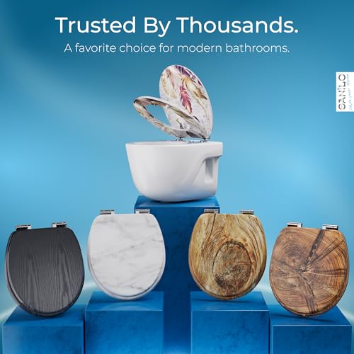 SANILO Wooden Toilet Seat with Soft Close [ROUND] - Decorative, Quiet & Slow Close Molded Wood Seat - With Strong Bumpers & Hinges - Adjustable Fit – Feathers - color: Feathers