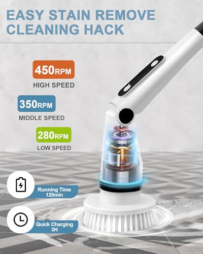 IEZFIX Electric Spin Scrubber, Bathroom Power Shower Scrubber Cleaning Brush for Tub/Tile/Floor/Toilet/Kitchen, 8 Cleaner Scrub Brush Heads, 3 Speeds 450RPM Max, Telescopic Rod Black