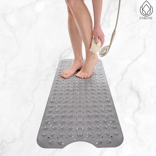 ENKOSI Non-Slip Bath & Shower Mat 40x16 Extra Long, Suction & Drain Holes | Gray color; Durable PVC; 40x16 in, Gray - color: Gray